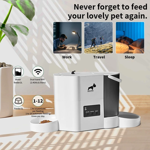 Alt view image 3 of 7 - Automatic Cat Feeder 2-in-1 Cat Feeder and Gravity-Fed Water System | 3L Food Tank & 2L Water Tank for Supports 5G/2.4GHz Dual-band WiFi APP Remote Control | Up to 10 Timed Feedings Per Day