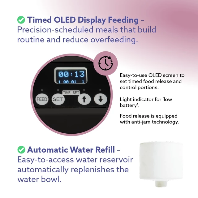 Alt view image 3 of 7 - ® Automatic Dog & Cat Food Feeder with Water Dispenser, Smart Portion Control, OLED Display, Anti-Jam Design, Battery Operated, XS 415 lbs Pets, Black