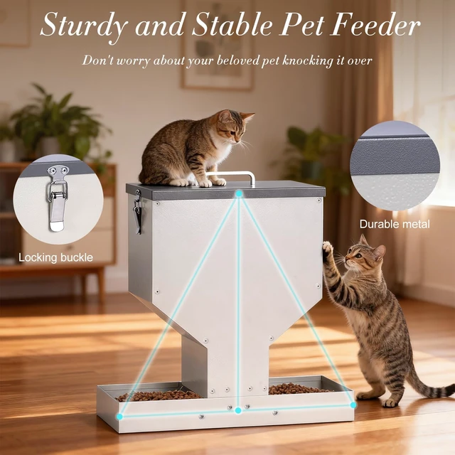 Alt view image 3 of 7 - Automatic Cat Feeder 2 Cats Gravity Dual Cat Food Dispenser | Auto Dry Food Dispenser with Strong Anti-Jam System Galvanized Steel Pet Food Station Indoor & Outdoor Double Bowls