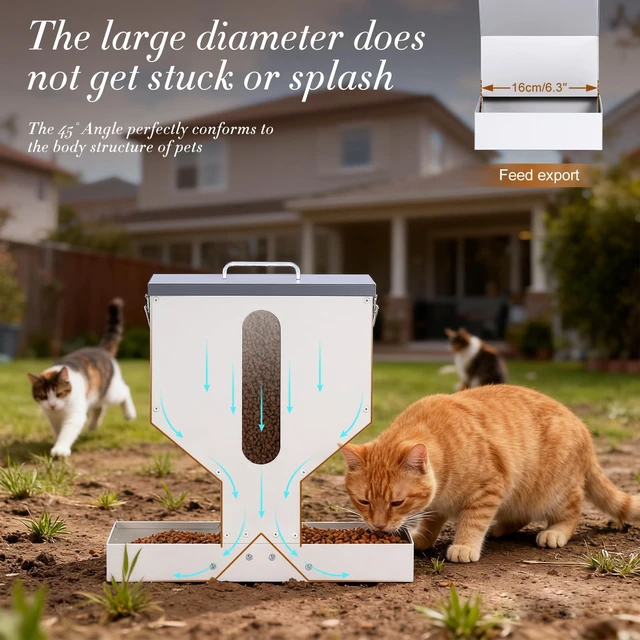 Alt view image 4 of 7 - Automatic Cat Feeder 2 Cats Gravity Dual Cat Food Dispenser | Auto Dry Food Dispenser with Strong Anti-Jam System Galvanized Steel Pet Food Station Indoor & Outdoor Double Bowls