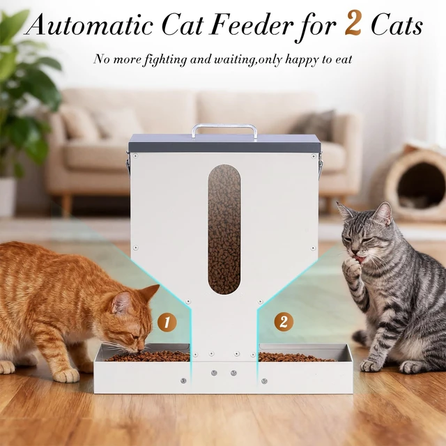 Alt view image 7 of 7 - Automatic Cat Feeder 2 Cats Gravity Dual Cat Food Dispenser | Auto Dry Food Dispenser with Strong Anti-Jam System Galvanized Steel Pet Food Station Indoor & Outdoor Double Bowls