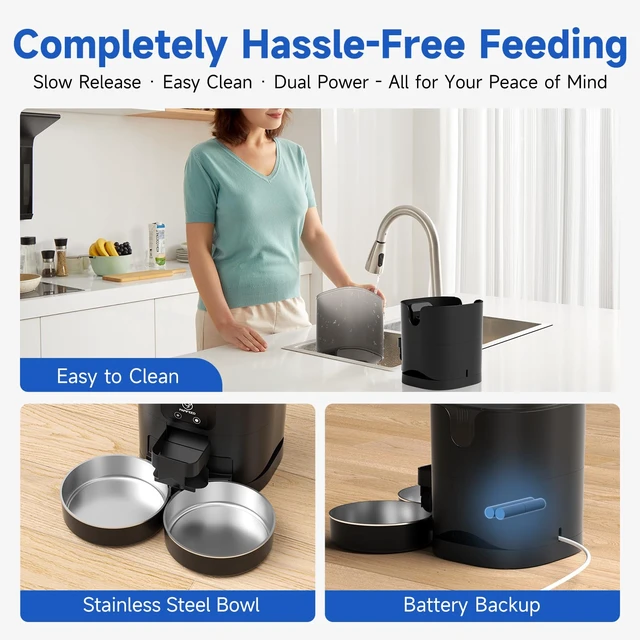 Alt view image 6 of 7 - Automatic Cat Feeder 2 Cats, WiFi Auto Cat Feeder with App, 7L Slow-Feed Cat Food Dispenser for Dry Food, Dual Power Supply Timed Pet Feeder for Cat, 10 Meals/Day, 12 Portions/Meal