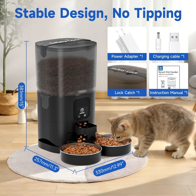 Alt view image 7 of 7 - Automatic Cat Feeder 2 Cats, WiFi Auto Cat Feeder with App, 7L Slow-Feed Cat Food Dispenser for Dry Food, Dual Power Supply Timed Pet Feeder for Cat, 10 Meals/Day, 12 Portions/Meal