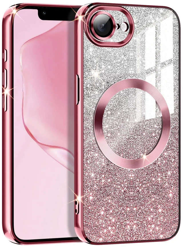 Main image of for iPhone 17e Case,Compatible with MagSafe,Clear Magnetic Glitter Sparkle Luxury Plated Soft TPU Bumper Full Camera Lens Protector for Apple iPhone 17e,All Rose Gold