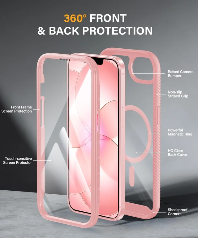 Alt view image 2 of 5 - for iPhone 16e & 17e Case with Built-in Sensitive Screen Protector, Full-Body Dual Front & Back Protective Phone Case, Pink