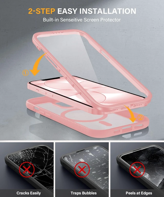 Alt view image 5 of 5 - for iPhone 16e & 17e Case with Built-in Sensitive Screen Protector, Full-Body Dual Front & Back Protective Phone Case, Pink