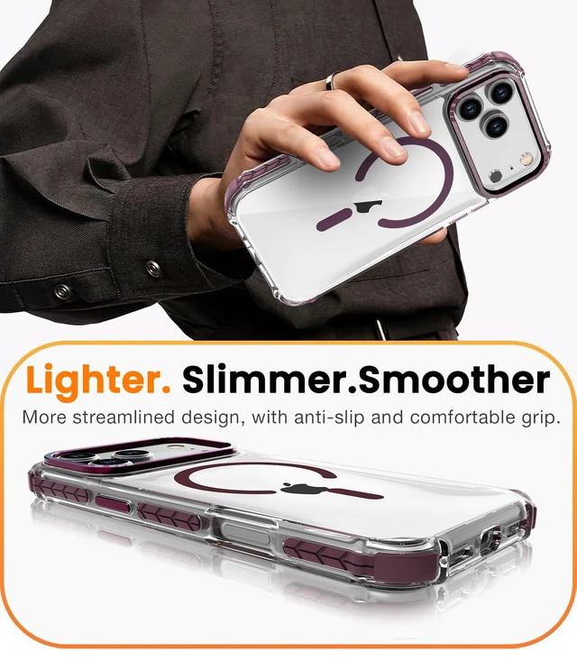 Alt view image 7 of 7 - for iPhone 18 Pro Max Case/iPhone 17 Pro Max Case Clear+Wine Red | Compatible with Magsafe Military Grade Drop Protection Transparent Slim Fit Anti-slip Shockproof Protective Phone Cover