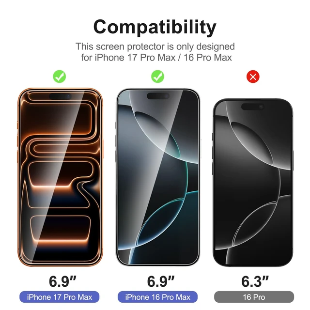 Alt view image 2 of 7 - for iPhone 17 Pro Max, iPhone 16 Pro Max Screen Protector HD Clear | 3 Pack, HD Clear, Easy Installation Tool Included, Tempered Glass, 9H Hardness, Scratch Resistant, Bubble Free