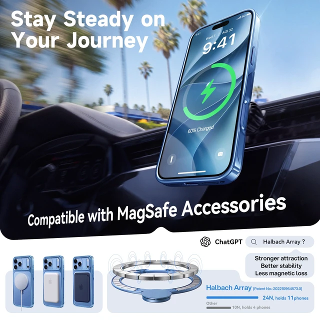 Alt view image 4 of 7 - Glacier Blue for iPhone 18 Pro Max Case, 360 Spin Magnetic Stand | Never Yellow, Chrome, Glossy, Fit for MagSafe, 18FT Drop Protection, Titanium 6.9, Hands-Free Viewing, Office Meeting, Travel