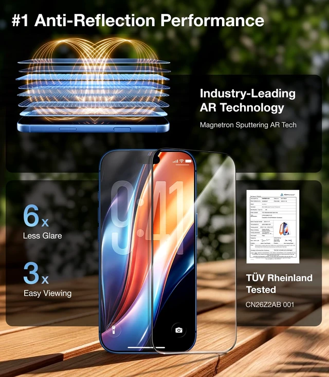 Alt view image 7 of 7 - TOP 9H+ AR Armor for iPhone 18 Pro Max Screen Protector 6.9'' | NO.1 Anti-Reflection & Military Grade Shatterproof, Anti Glare Screen Protector 18 Pro Max Tempered Glass 18 ProMax