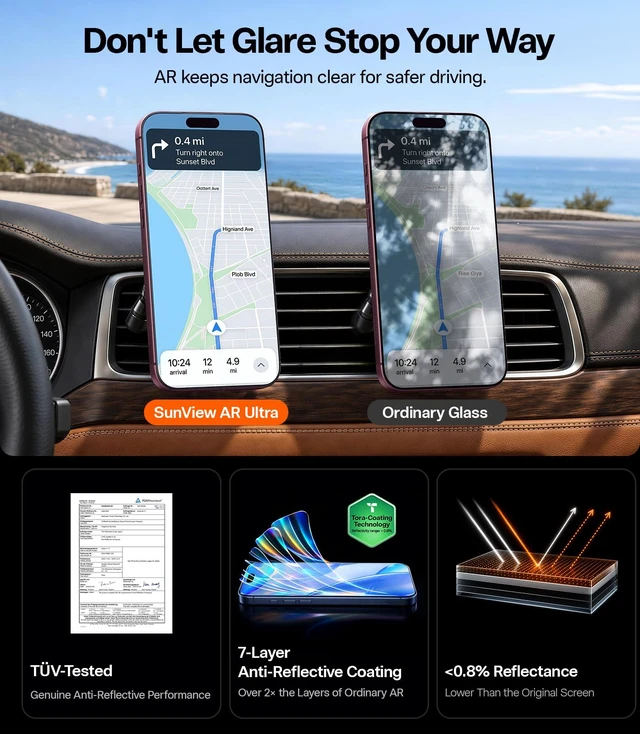 Alt view image 3 of 7 - SunView AR Ultra for iPhone 18 Pro Max/17 Pro Max Screen Protector | Anti Glare, Anti-Reflective, 12FT Military Protection, Bubble & Dust Free Install, 9H+ Tempered Glass, Full Coverage, 1-pack