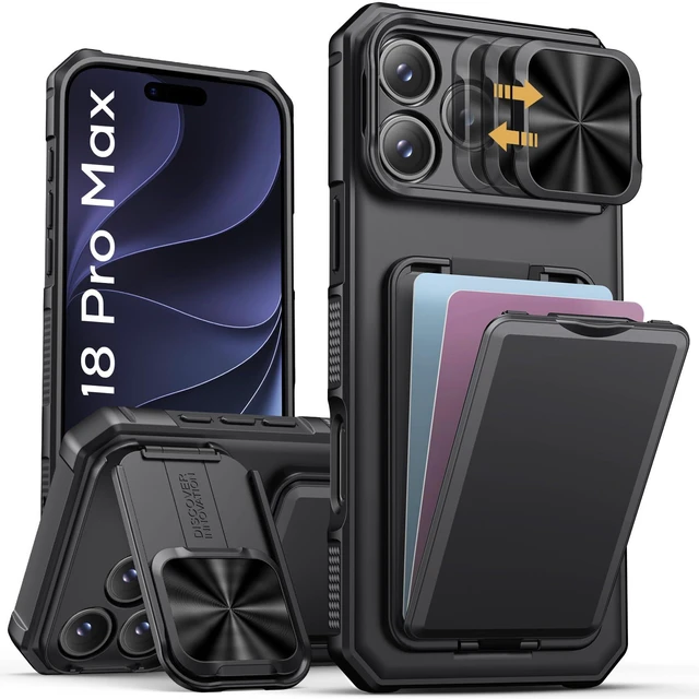Main image of for iPhone 18 Pro Max Case with Card Holder & Kickstand, Black | RFID Blocking, Sliding Camera Lens Cover, Stand, Military-Grade Heavy-Duty Shockproof Phone Case Cover for 18 Pro Max 2026