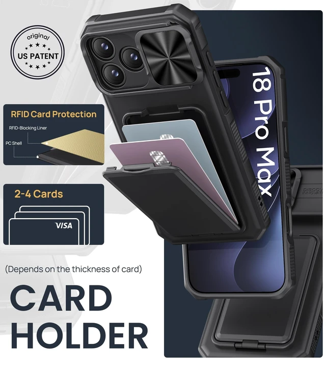 Alt view image 3 of 7 - for iPhone 18 Pro Max Case with Card Holder & Kickstand, Black | RFID Blocking, Sliding Camera Lens Cover, Stand, Military-Grade Heavy-Duty Shockproof Phone Case Cover for 18 Pro Max 2026