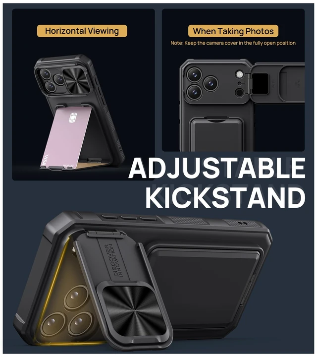 Alt view image 4 of 7 - for iPhone 18 Pro Case with Card Holder & Kickstand, Black | RFID Blocking, Sliding Camera Lens Cover, Stand, Military-Grade Heavy-Duty Rugged Shockproof Phone Case Cover for 18 Pro 2026