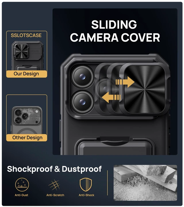 Alt view image 5 of 7 - for iPhone 18 Pro Case with Card Holder & Kickstand, Black | RFID Blocking, Sliding Camera Lens Cover, Stand, Military-Grade Heavy-Duty Rugged Shockproof Phone Case Cover for 18 Pro 2026