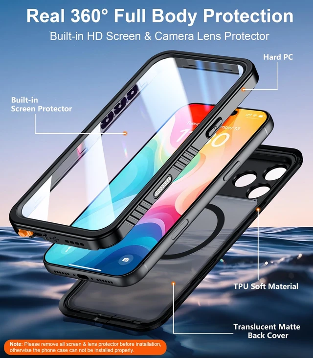Alt view image 3 of 7 - Designed for iPhone 18 Pro Max Case Waterproof-Black | Translucent Matte Back Cover, IP68 Waterproof, Built-in Screen Protector, Compatible with MagSafe, Full Body Protective