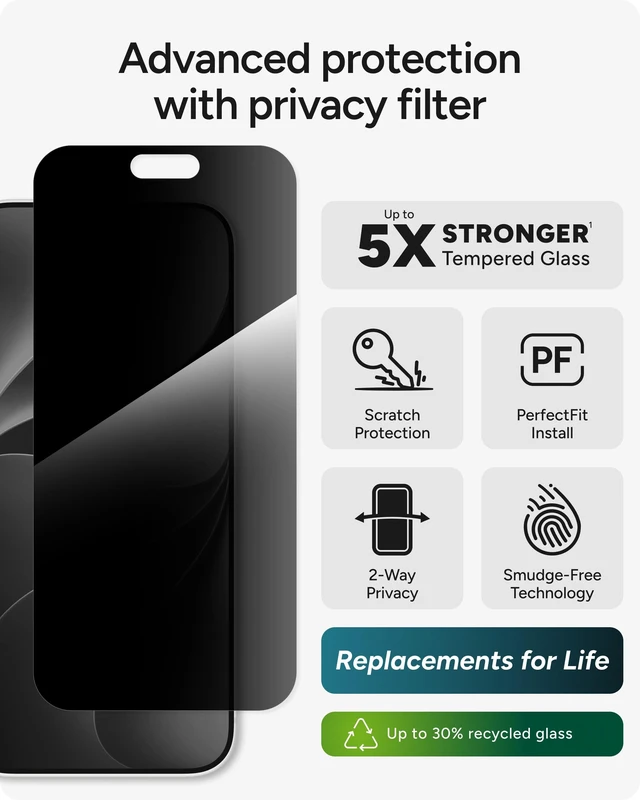 Alt view image 2 of 7 - Glass Elite Privacy Screen Protector for iPhone 18 Pro Max | 2-Way Privacy Filter, 5X Stronger Impact Protection, Scratch Resistant, ClearPrint Smudge Resistance, Easy Installation