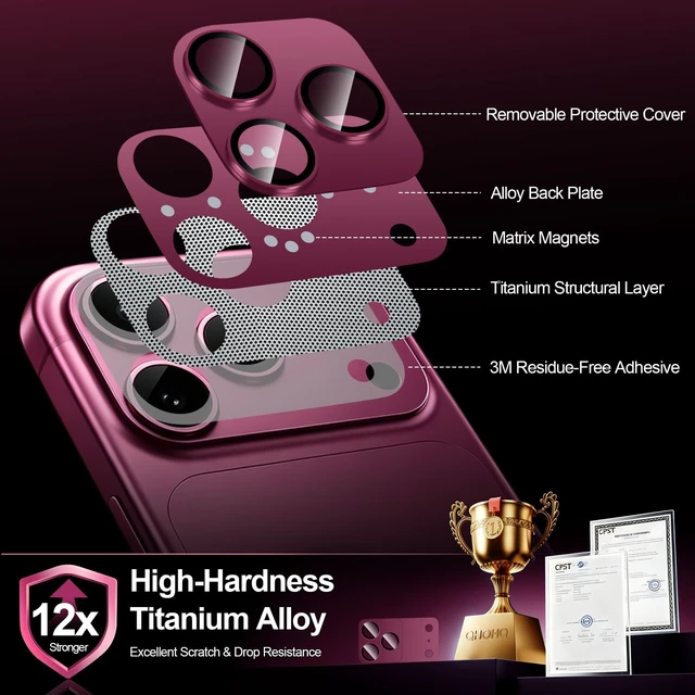 Alt view image 4 of 7 - 2 Pack Magnetic Camera Lens Protector for iPhone 18 Pro Max | Removable Metal Aluminum Alloy Camera Cover, Stronger Adsorption, Full Coverage, HD Clear, Case-Friendly, Deep Cherry