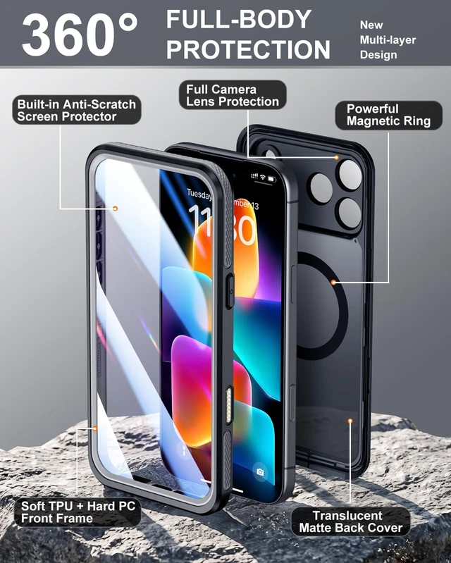Alt view image 5 of 7 - Designed for iPhone 18 Pro Max Case Waterproof, Black | Translucent Matte Back Cover, IP68 Waterproof, Compatible with MagSafe, Shockproof, Dustproof, Full Body Protective