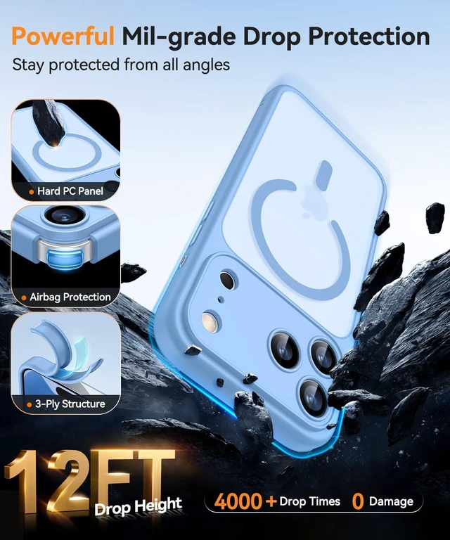 Alt view image 6 of 7 - Magnetic Shockproof for iPhone 18 Pro Max Case, Glacier Blue | Full Camera Protection, Compatible with MagSafe, Translucent Matte, Military-Grade Protection, Scratch Resistant, Slim Fit