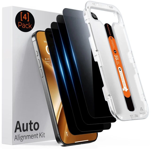 Main image of 4-PACK for iPhone 16 Pro Max Privacy Screen Protector Glass 6.9" | 13FT Drop Tested, Auto Alignment Kit, 10X Military-Grade Tempered Glass, Stronger Edge Protection, Case Friendly, Bubble-Free