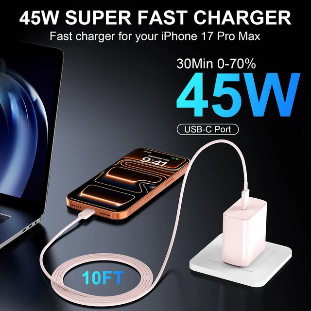 Alt view image 4 of 7 - Phone 18 17 Pro Max Charger Fast Charging 45W USBC Phone Duo Fast Charger | New iPhone Super Fast Charger with 10 FT Long Type C Fast Charging Cable Cord for iPhone 18 Pro Max/Pro/Duo/17/16/Pro Max