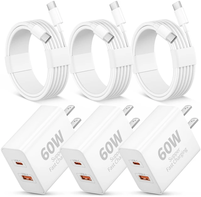 Main image of 60W USB C Super Fast Charger for iPhone Duo 18 17 16 15 Pro Max, 3 Pack | Type C Fast Charging Block with 3FT USB C to C Cable Cord for iPhone Duo/18 Pro Max/18/17/17e/16e/16/15 Pro Max, iPad Adapter