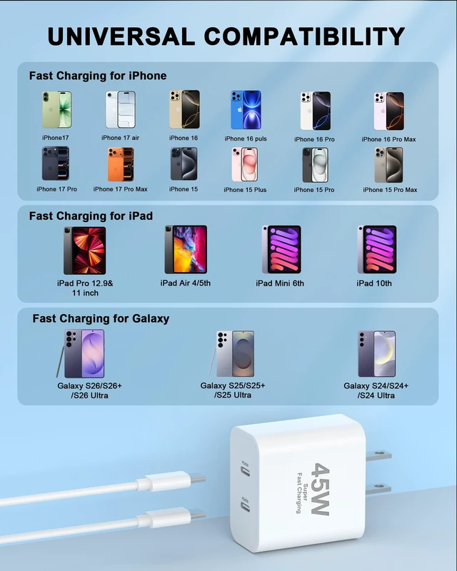 Alt view image 5 of 7 - iPhone 18 Pro Max Charger Fast Charging 10FT, Dual USB C Charger & Cord | for iPhone Duo/18 Pro/18 Pro Max/17 16 15 Pro Max, iPad Pro, Galaxy, 45W Dual Type C Charger & Long 10FT USB C Charging Cord
