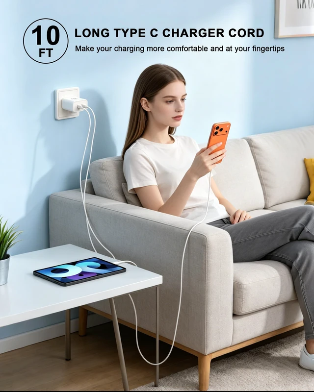 Alt view image 7 of 7 - iPhone 18 Pro Max Charger Fast Charging 10FT, Dual USB C Charger & Cord | for iPhone Duo/18 Pro/18 Pro Max/17 16 15 Pro Max, iPad Pro, Galaxy, 45W Dual Type C Charger & Long 10FT USB C Charging Cord