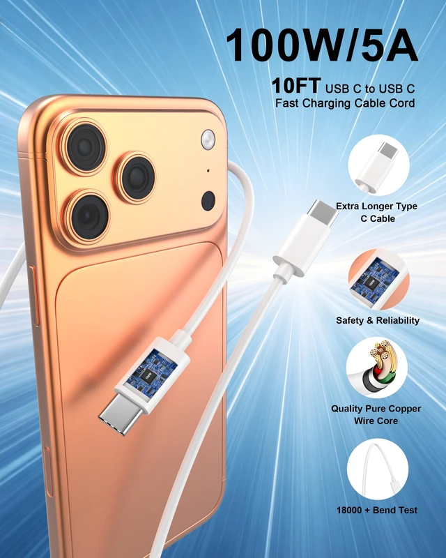 Alt view image 6 of 7 - iPhone 18 Pro Max Charger Fast Charging 10FT, Dual USB C Charger & Cord | for iPhone Duo/18 Pro/18 Pro Max/17 16 15 Pro Max, iPad Pro, Galaxy, 45W Dual Type C Charger & Long 10FT USB C Charging Cord