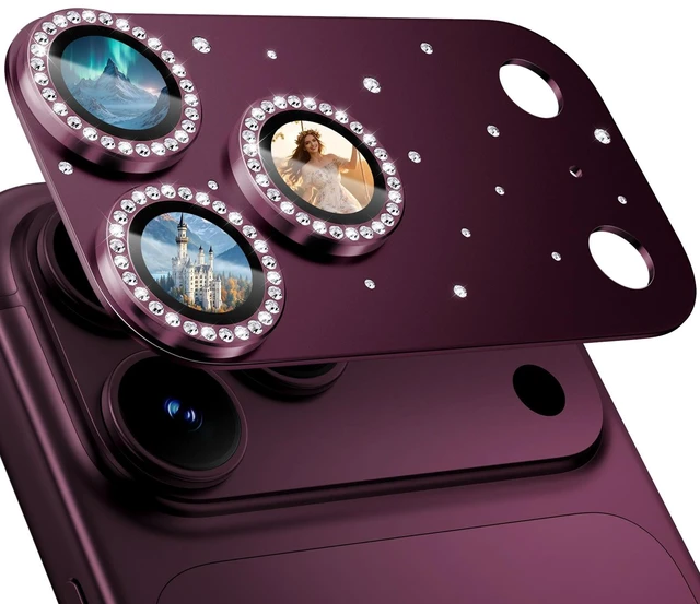 Main image of for iPhone 18 Pro Max Camera Lens Protector, Not Easy to Break Ultra Bright Round Gold Diamond Bling Tempered Glass Metal Frame Camera Cover for iPhone 18 Pro Max Lens Case Friendly, Burgundy