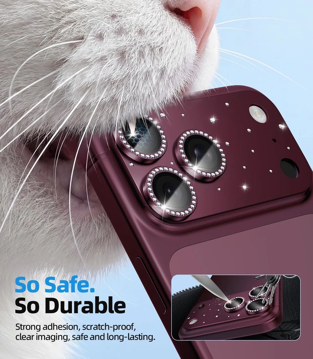 Alt view image 2 of 7 - for iPhone 18 Pro Max Camera Lens Protector, Not Easy to Break Ultra Bright Round Gold Diamond Bling Tempered Glass Metal Frame Camera Cover for iPhone 18 Pro Max Lens Case Friendly, Burgundy