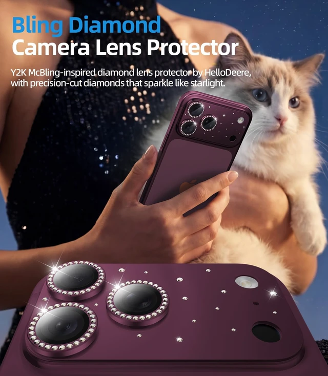 Alt view image 3 of 7 - for iPhone 18 Pro Max Camera Lens Protector, Not Easy to Break Ultra Bright Round Gold Diamond Bling Tempered Glass Metal Frame Camera Cover for iPhone 18 Pro Max Lens Case Friendly, Burgundy