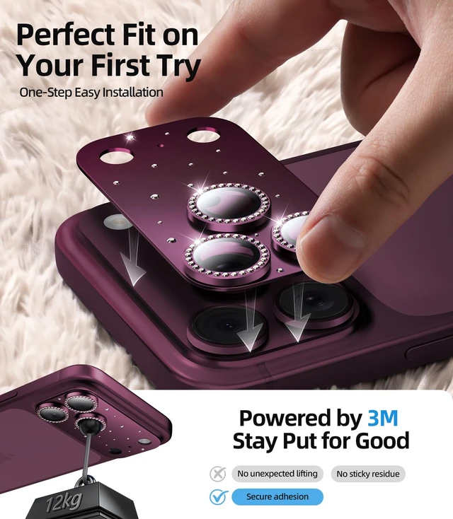Alt view image 4 of 7 - for iPhone 18 Pro Max Camera Lens Protector, Not Easy to Break Ultra Bright Round Gold Diamond Bling Tempered Glass Metal Frame Camera Cover for iPhone 18 Pro Max Lens Case Friendly, Burgundy