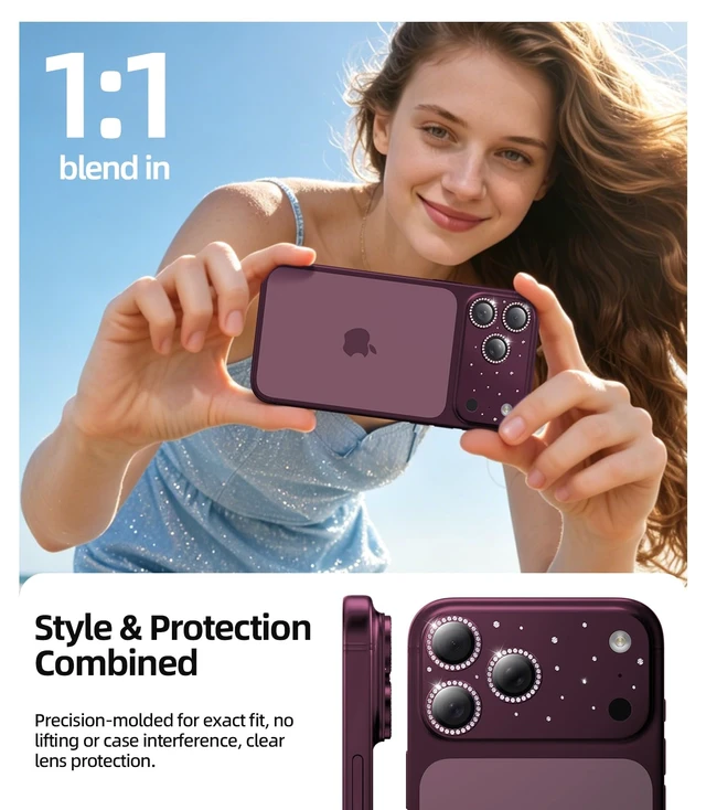 Alt view image 7 of 7 - for iPhone 18 Pro Max Camera Lens Protector, Not Easy to Break Ultra Bright Round Gold Diamond Bling Tempered Glass Metal Frame Camera Cover for iPhone 18 Pro Max Lens Case Friendly, Burgundy
