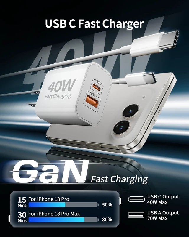 Alt view image 2 of 7 - for iPhone Duo/18 Pro/18 Pro Max Charger Fast Charging, 40W USB C Charger | Dual Port Type C Super Fast Charger Block with 10FT Long USB C Cable Cord, for iPhone 18 Pro Max/18 Pro/Duo/18/17/16/15