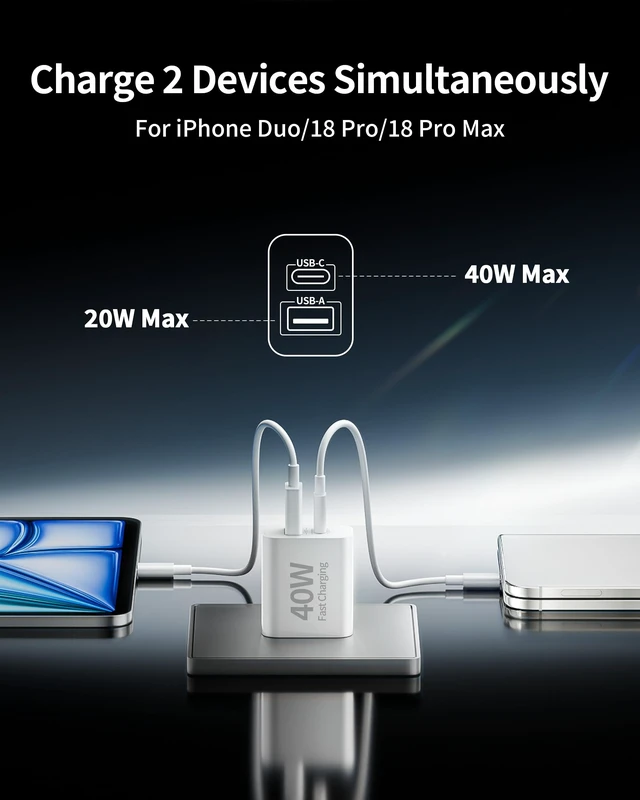 Alt view image 3 of 7 - for iPhone Duo/18 Pro/18 Pro Max Charger Fast Charging, 40W USB C Charger | Dual Port Type C Super Fast Charger Block with 10FT Long USB C Cable Cord, for iPhone 18 Pro Max/18 Pro/Duo/18/17/16/15