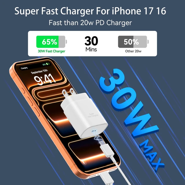 Alt view image 2 of 7 - iPhone 17 16 Pro Max Charger Fast Charging Block, 30W iPhone 17/16 Pro Max USB C Fast Charger with 10 FT Type C Fast Charging Long Cable Cord for iPhone 17 Pro Max/17 Pro/17/Air/16 Pro max/16 Pro/15