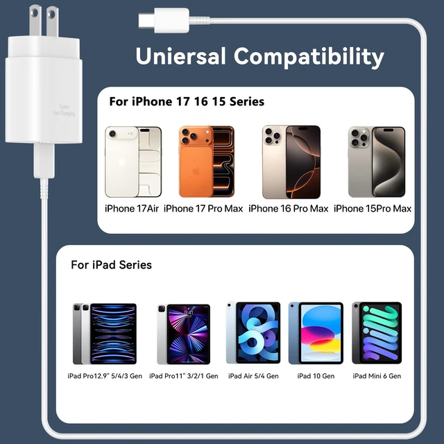 Alt view image 7 of 7 - iPhone 17 16 Pro Max Charger Fast Charging Block, 30W iPhone 17/16 Pro Max USB C Fast Charger with 10 FT Type C Fast Charging Long Cable Cord for iPhone 17 Pro Max/17 Pro/17/Air/16 Pro max/16 Pro/15