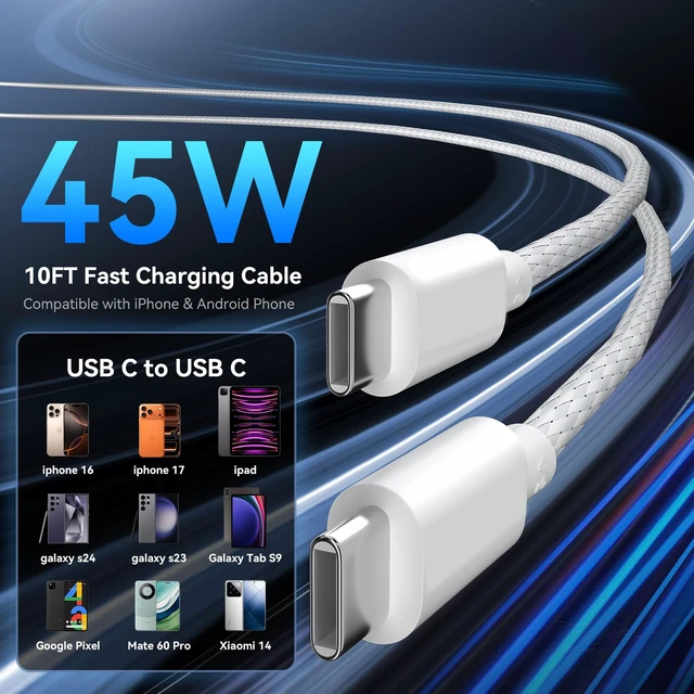 Alt view image 5 of 7 - 45W USB C Super Fast Charger for iPhone 17 16 15Pro Max, 45 Watt Type C Charger Block with 10FT Nylon Braided Charging Cable for 17 16 Pro Max/17 16 Pro/16 Plus,15 Pro Max/15 Pro/15, Android Phone