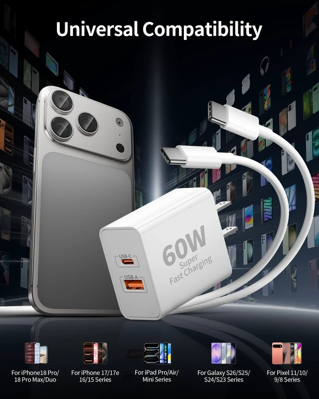 Alt view image 6 of 7 - foriPhone 18 Pro Max Duo 17 Charger Fast Charging, 3Pack 60W USB C Charger | Dual Port Type C Super Fast Charging Block with 10FT Long USB C Cable Cord, for iPhone Duo/18 Pro/18 Pro Max/18/17/16 Pro