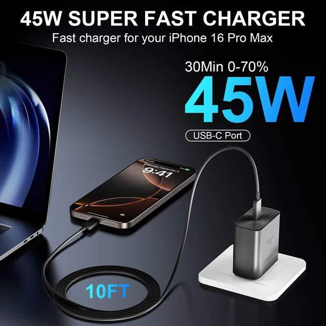 Alt view image 4 of 7 - iPhone 18 17 Pro Max Charger Fast Charging 45W iPhone Duo Fast Charger | New iPhone Super Fast Charger with 10 FT Long Type C Fast Charging Cable Cord for iPhone 18 Pro Max/Pro/Duo/17/16/Pro Max/S26
