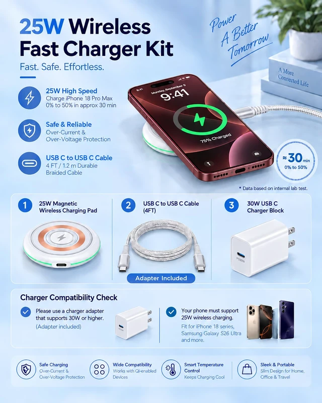 Alt view image 2 of 7 - 25W MagSafe Charger for iPhone 18 Pro Max 17e 17, Apple Magnetic Wireless | 25w Magnetic Wireless Charger Mini Pad with Strong Magnetic Hold, 30w USB-C Wall Charger and 4ft USBC Cable for iPhone 18Pro