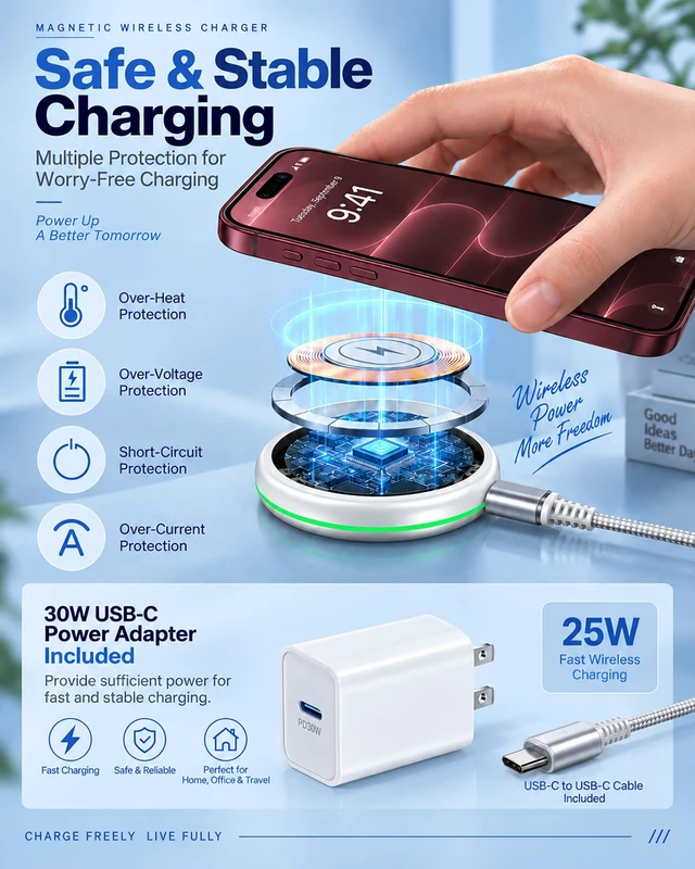 Alt view image 6 of 7 - 25W MagSafe Charger for iPhone 18 Pro Max 17e 17, Apple Magnetic Wireless | 25w Magnetic Wireless Charger Mini Pad with Strong Magnetic Hold, 30w USB-C Wall Charger and 4ft USBC Cable for iPhone 18Pro