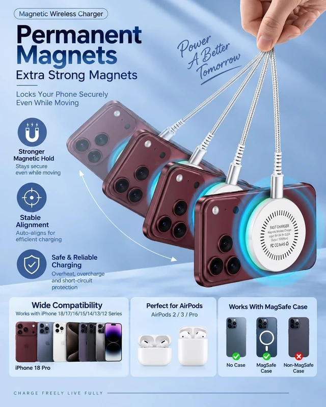 Alt view image 4 of 7 - 25W MagSafe Charger for iPhone 18 Pro Max 17e 17, Apple Magnetic Wireless | 25w Magnetic Wireless Charger Mini Pad with Strong Magnetic Hold, 30w USB-C Wall Charger and 4ft USBC Cable for iPhone 18Pro