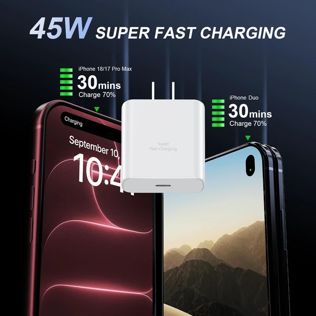 Alt view image 2 of 7 - iPhone 18 17 Pro Max Charger Fast Charging 45W USBC iPhone Duo Fast Charger | New iPhone Super Fast Charger with 10 FT Long Type C Fast Charging Cable Cord for iPhone 18 Pro Max/Pro/Duo/17/16/Pro Max