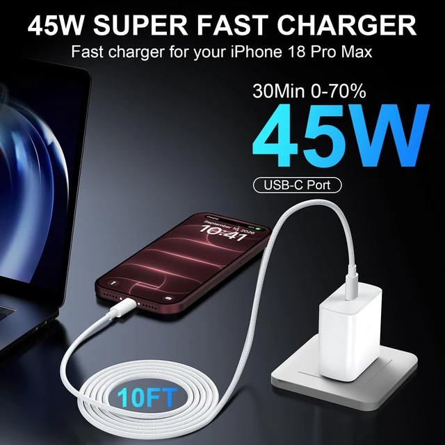 Alt view image 4 of 7 - iPhone 18 17 Pro Max Charger Fast Charging 45W USBC iPhone Duo Fast Charger | New iPhone Super Fast Charger with 10 FT Long Type C Fast Charging Cable Cord for iPhone 18 Pro Max/Pro/Duo/17/16/Pro Max