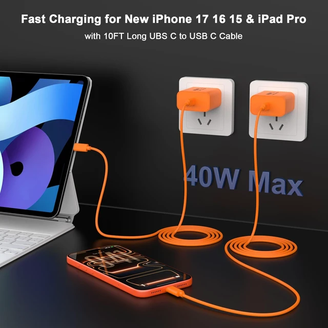 Alt view image 7 of 7 - iPhone 18 17 16 Charger Fast Charging 10FT, 40W USB C Charger Block & Cable | 2 Pack 40W USB C Wall Charger Block & 10FT Long Type C Charging Cable for iPhone Duo/18 Pro/18 Pro Max/17 16 15 Pro Max
