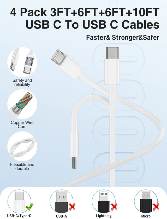 Alt view image 6 of 7 - 45W iPhone 18 17 16 Pro Max Charger Fast Charging,2 Dual Port USB C Charger | PD 3.0 Wall Plug Charger with Long 3/6/6/10FT USB C to C Cable for iPhone 18 Pro Max/17/16/15/iPhone Duo/iPad Pro/S26