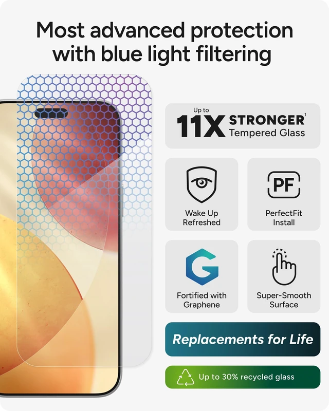 Alt view image 2 of 7 - XTR5 Glass Screen Protector for iPhone 17 Pro Max | Blue Light Protection, 11X Stronger, Anti-reflective Tech, Vibrant Color & Touch Sensitive Tempered Glass, Easy To Install
